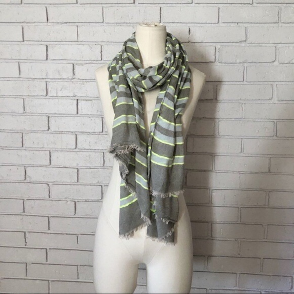 Ann Taylor Neon Green Gray Striped Lightweight Scarf Fringe Trim Wrap
